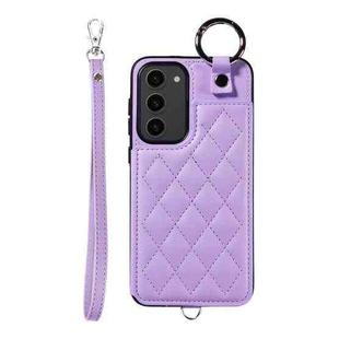 For Samsung Galaxy S23+ 5G Rhombic Texture Card Bag Phone Case with Short Lanyard(Purple)