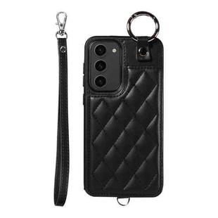 For Samsung Galaxy S23+ 5G Rhombic Texture Card Bag Phone Case with Short Lanyard(Black)