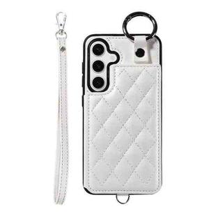 For Samsung Galaxy S24 5G Rhombic Texture Card Bag Phone Case with Short Lanyard(White)