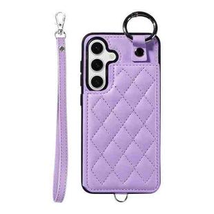 For Samsung Galaxy S24 5G Rhombic Texture Card Bag Phone Case with Short Lanyard(Purple)