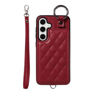 For Samsung Galaxy S24 5G Rhombic Texture Card Bag Phone Case with Short Lanyard(Wine Red)