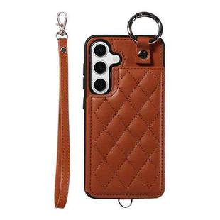 For Samsung Galaxy S24 5G Rhombic Texture Card Bag Phone Case with Short Lanyard(Brown)