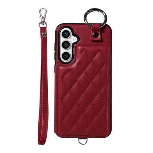 For Samsung Galaxy S23 FE 5G Rhombic Texture Card Bag Phone Case with Short Lanyard(Wine Red)