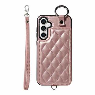 For Samsung Galaxy S23 FE 5G Rhombic Texture Card Bag Phone Case with Short Lanyard(Rose Gold)