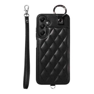 For Samsung Galaxy A05s Rhombic Texture Card Bag Phone Case with Short Lanyard(Black)