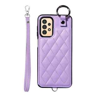For Samsung Galaxy A13 4G / 5G Rhombic Texture Card Bag Phone Case with Short Lanyard(Purple)