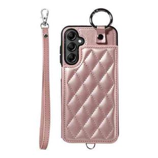 For Samsung Galaxy A14 4G / 5G Rhombic Texture Card Bag Phone Case with Short Lanyard(Rose Gold)