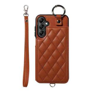 For Samsung Galaxy A14 4G / 5G Rhombic Texture Card Bag Phone Case with Short Lanyard(Brown)