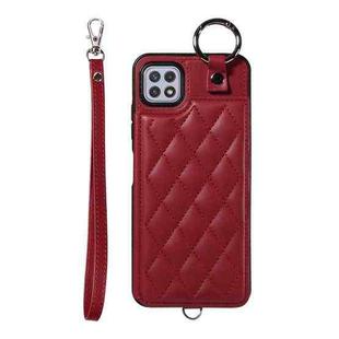 For Samsung Galaxy A22 5G Rhombic Texture Card Bag Phone Case with Short Lanyard(Wine Red)