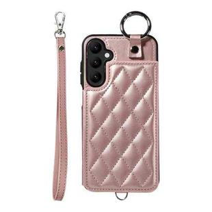 For Samsung Galaxy A24 4G Rhombic Texture Card Bag Phone Case with Short Lanyard(Rose Gold)