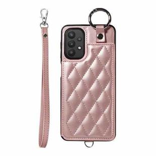 For Samsung Galaxy A32 5G Rhombic Texture Card Bag Phone Case with Short Lanyard(Rose Gold)