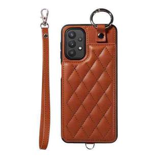 For Samsung Galaxy A32 5G Rhombic Texture Card Bag Phone Case with Short Lanyard(Brown)