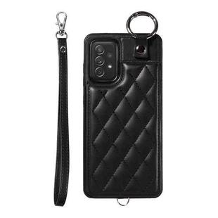 For Samsung Galaxy A72 4G / 5G Rhombic Texture Card Bag Phone Case with Short Lanyard(Black)