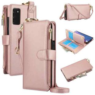 For Samsung Galaxy Note20 Crossbody Ring Multifunctional Wallet Leather Phone Case(Rose Gold)