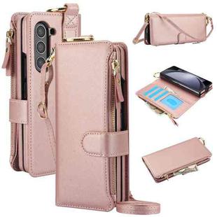 For Samsung Galaxy Z Fold6 Crossbody Ring Multifunctional Wallet Fold Leather Phone Case(Rose Gold)