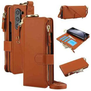 For Samsung Galaxy Z Fold6 Crossbody Ring Multifunctional Wallet Fold Leather Phone Case(Brown)