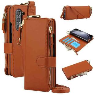 For Samsung Galaxy Z Fold5 Crossbody Ring Multifunctional Wallet Fold Leather Phone Case(Brown)