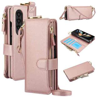 For Samsung Galaxy Z Fold4 Crossbody Ring Multifunctional Wallet Fold Leather Phone Case(Rose Gold)