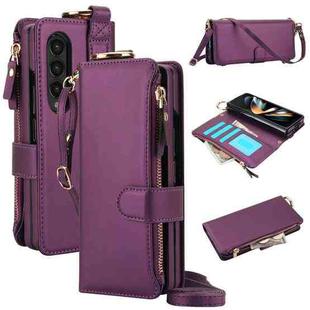 For Samsung Galaxy Z Fold4 Crossbody Ring Multifunctional Wallet Fold Leather Phone Case(Dark Purple)