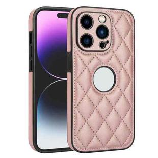 For iPhone 14 Pro Rhombic Leather Back Cover Phone Case(Rose Gold)