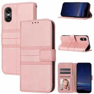 For Sony Xperia 10 VI Embossed Stripes Skin Feel Leather Phone Case(Pink)