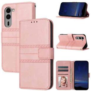 For Fujitsu Arrows F-51E We2 Plus Embossed Stripes Skin Feel Leather Phone Case(Pink)