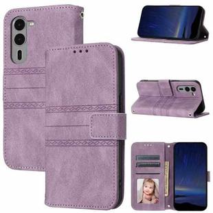 For Fujitsu Arrows F-51E We2 Plus Embossed Stripes Skin Feel Leather Phone Case(Light Purple)