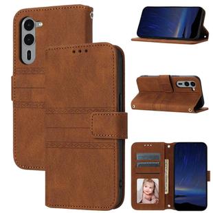 For Fujitsu Arrows Alpha F-51F Embossed Stripes Skin Feel Leather Phone Case(Brown)
