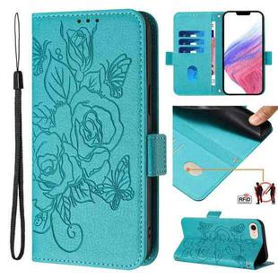 For iPhone SE 2022 / SE 2020 / 8 / 7 Embossed Rose RFID Anti-theft Leather Phone Case(Light Blue)