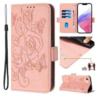 For iPhone SE 2022 / SE 2020 / 8 / 7 Embossed Rose RFID Anti-theft Leather Phone Case(Pink)