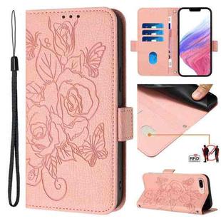 For iPhone 8 Plus / 7 Plus Embossed Rose RFID Anti-theft Leather Phone Case(Pink)