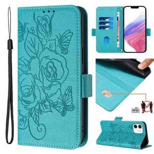 For iPhone 11 Embossed Rose RFID Anti-theft Leather Phone Case(Light Blue)