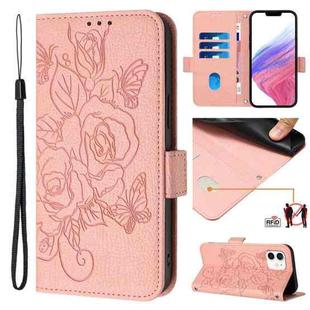 For iPhone 12 mini Embossed Rose RFID Anti-theft Leather Phone Case(Pink)