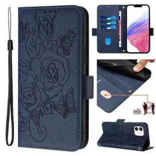 For iPhone 12 mini Embossed Rose RFID Anti-theft Leather Phone Case(Dark Blue)