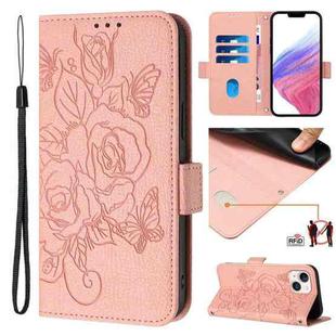 For iPhone 13 mini Embossed Rose RFID Anti-theft Leather Phone Case(Pink)