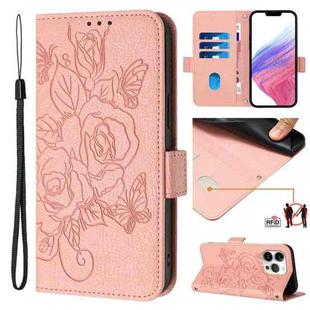 For iPhone 13 Pro Max Embossed Rose RFID Anti-theft Leather Phone Case(Pink)