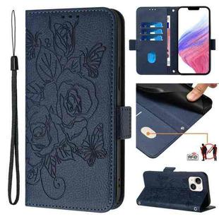 For iPhone 15 Plus Embossed Rose RFID Anti-theft Leather Phone Case(Dark Blue)