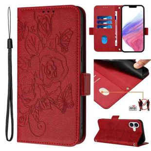 For iPhone 16 Embossed Rose RFID Anti-theft Leather Phone Case(Red)