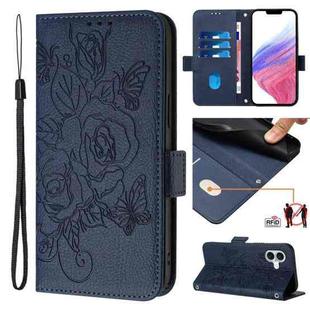 For iPhone 16 Embossed Rose RFID Anti-theft Leather Phone Case(Dark Blue)