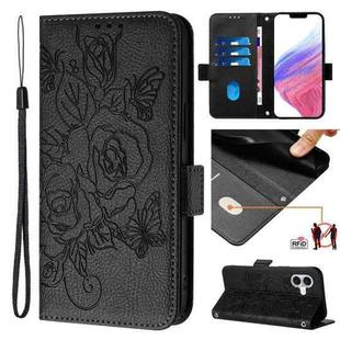 For iPhone 16 Embossed Rose RFID Anti-theft Leather Phone Case(Black)