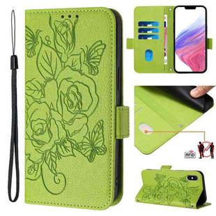 For iPhone XS / X Embossed Rose RFID Anti-theft Leather Phone Case(Green)