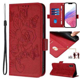 For iPhone XS / X Embossed Rose RFID Anti-theft Leather Phone Case(Red)