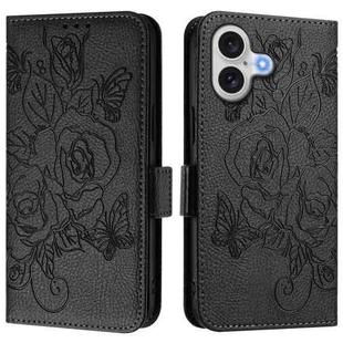 For iPhone 17 Embossed Rose RFID Anti-theft Leather Phone Case(Black)