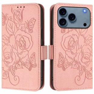 For iPhone 17 Pro Embossed Rose RFID Anti-theft Leather Phone Case(Pink)