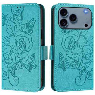 For iPhone 17 Pro Max Embossed Rose RFID Anti-theft Leather Phone Case(Light Blue)