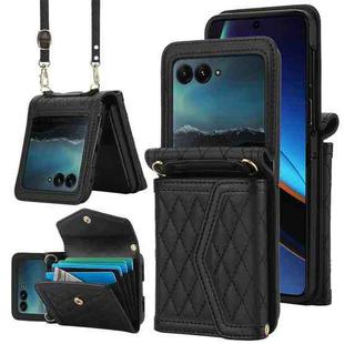 For Motorola Razr 40 Ultra Splicing Rhombic Texture Phone Case with Long & Short Lanyard(Black)