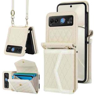 For Motorola Razr 40 Splicing Rhombic Texture Phone Case with Long & Short Lanyard(Beige)