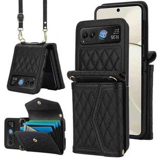 For Motorola Razr 40 Splicing Rhombic Texture Phone Case with Long & Short Lanyard(Black)