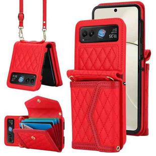 For Motorola Razr 40 Splicing Rhombic Texture Phone Case with Long & Short Lanyard(Red)