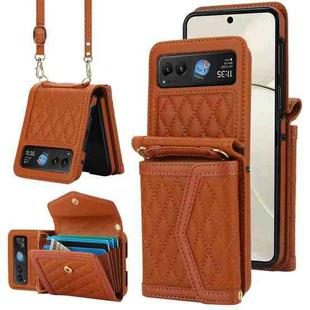 For Motorola Razr 40 Splicing Rhombic Texture Phone Case with Long & Short Lanyard(Brown)